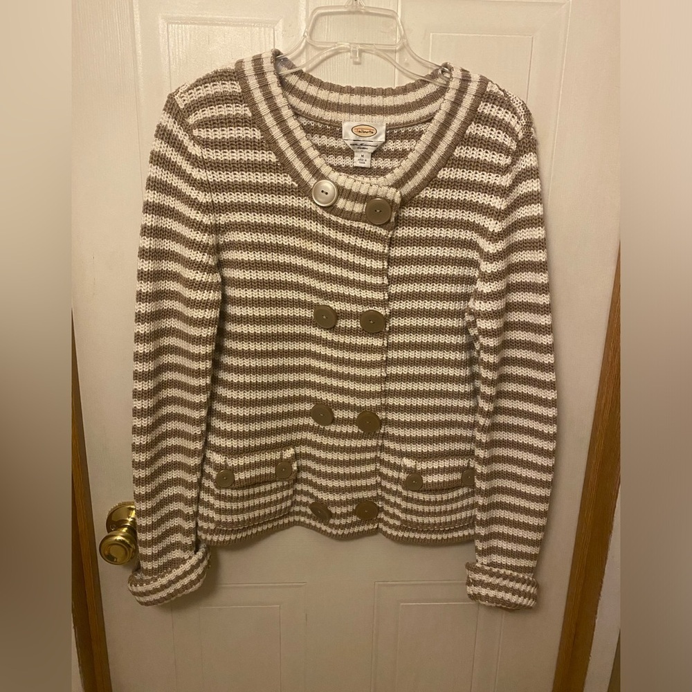 Talbots Striped Tan and Cream Double Button Cardigan Sweater